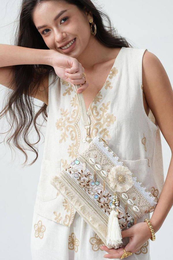 Bohemian Embroidered Shell & Tassel Clutch Bag