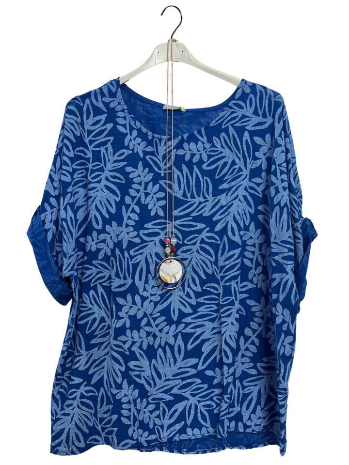 Floral Print Necklace Cotton Tunic Top