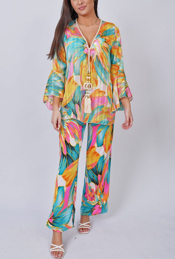 Tropical Flower Print Tassel String Co-Ord Set