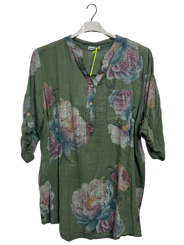 Floral Print Single Chest Pocket Tunic Cotton Top