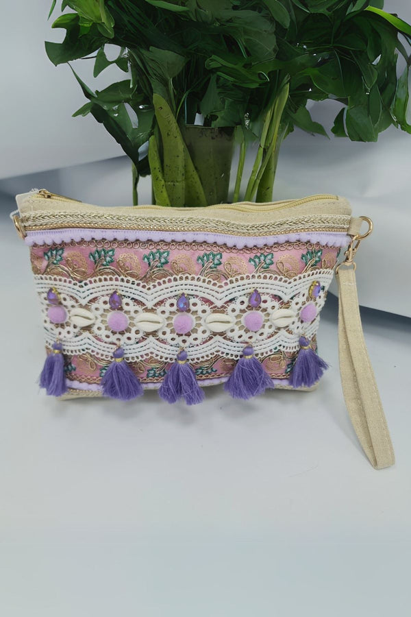 Beaded Embroidered Tassel Clutch Bag