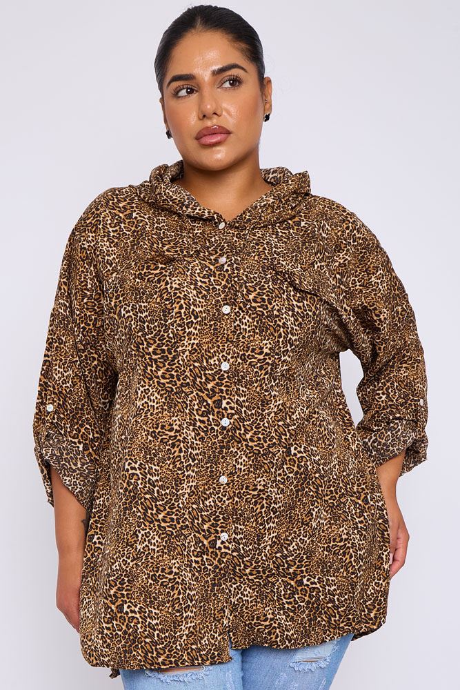 Leopard Print Drawstring Hooded Shirt