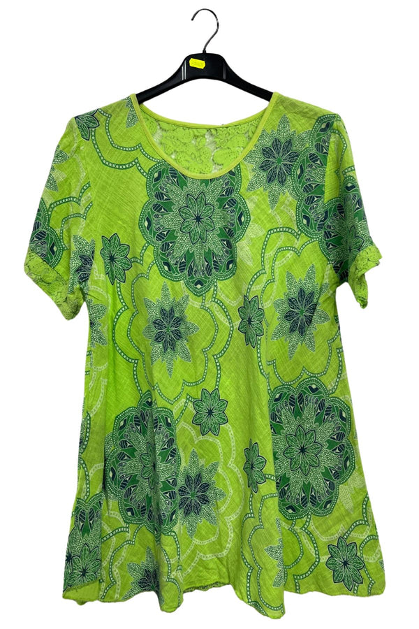 Intricate Floral Geometric Pattern Lace Detail Cotton Top