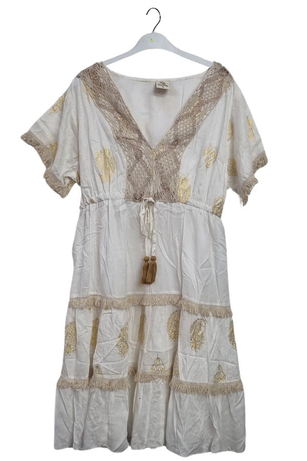 Gold Paisley Leaf Motif Pattern Front Tassel Tie Bohemian Dress