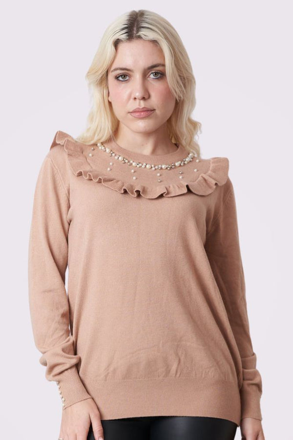 Pearl Beaded Ruffle Knitted Top