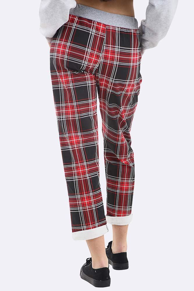 Cotton Tartan Print Foldover Hem Lined Trouser