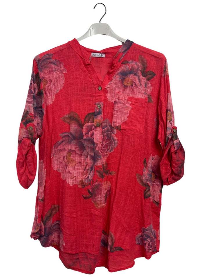 Floral Print Single Chest Pocket Tunic Cotton Top