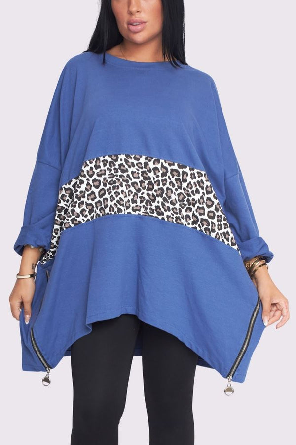 Leopard Panel Hanky Hem Side Zip Cotton Top