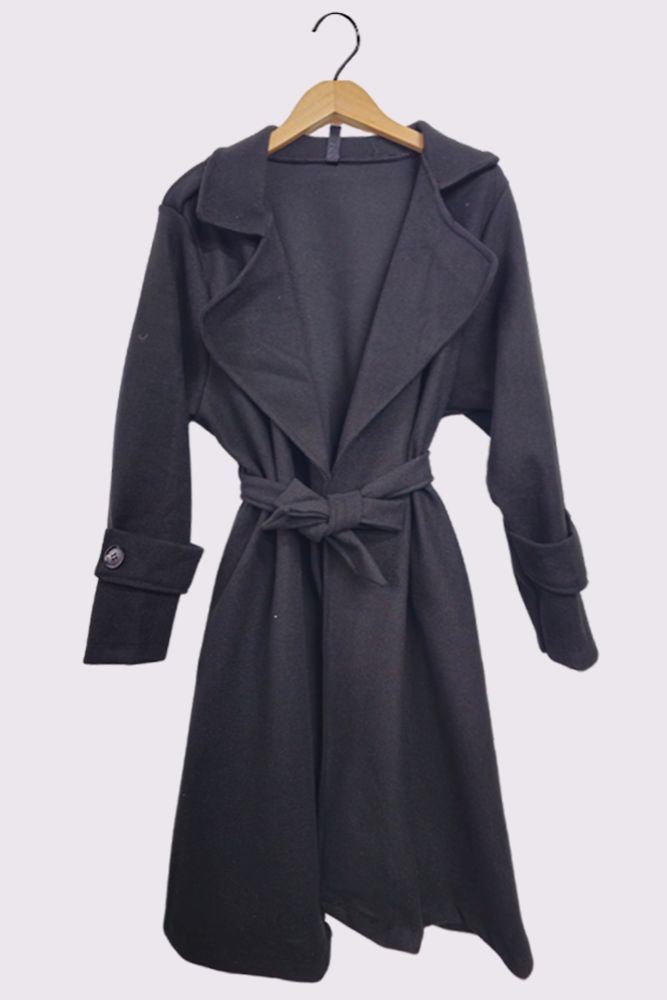 Plain Shoulder And Sleeve Button Detail Belted Coat