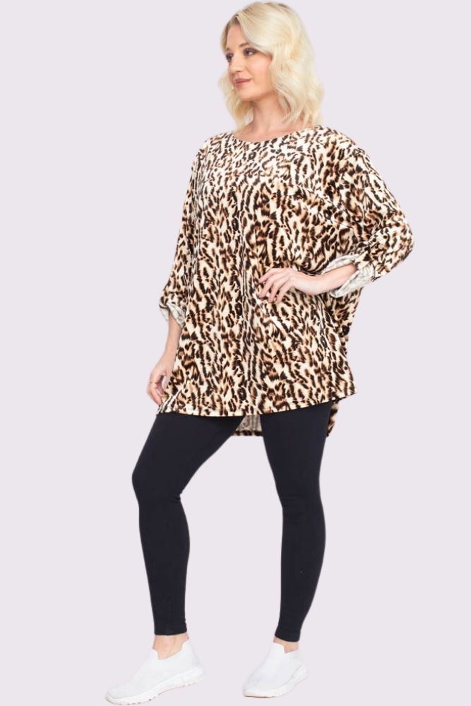 Animal Print Button Up Sleeve Dip Hem Top