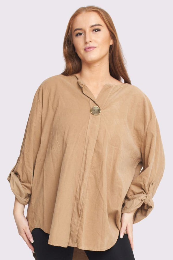 Corduroy Front Putton Placket High Low Hem Cotton Top