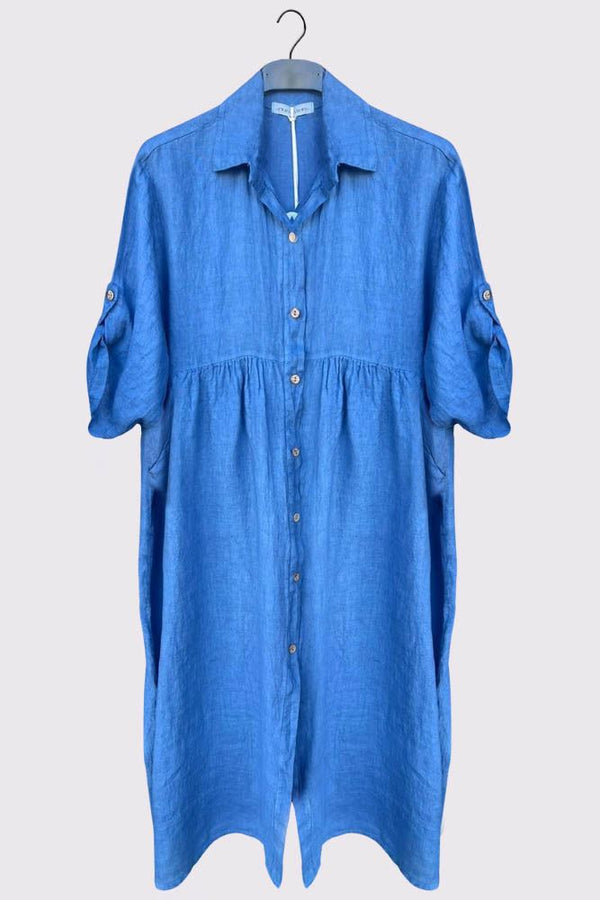 Plain Button Up Pockets Long Shirt Linen Dress