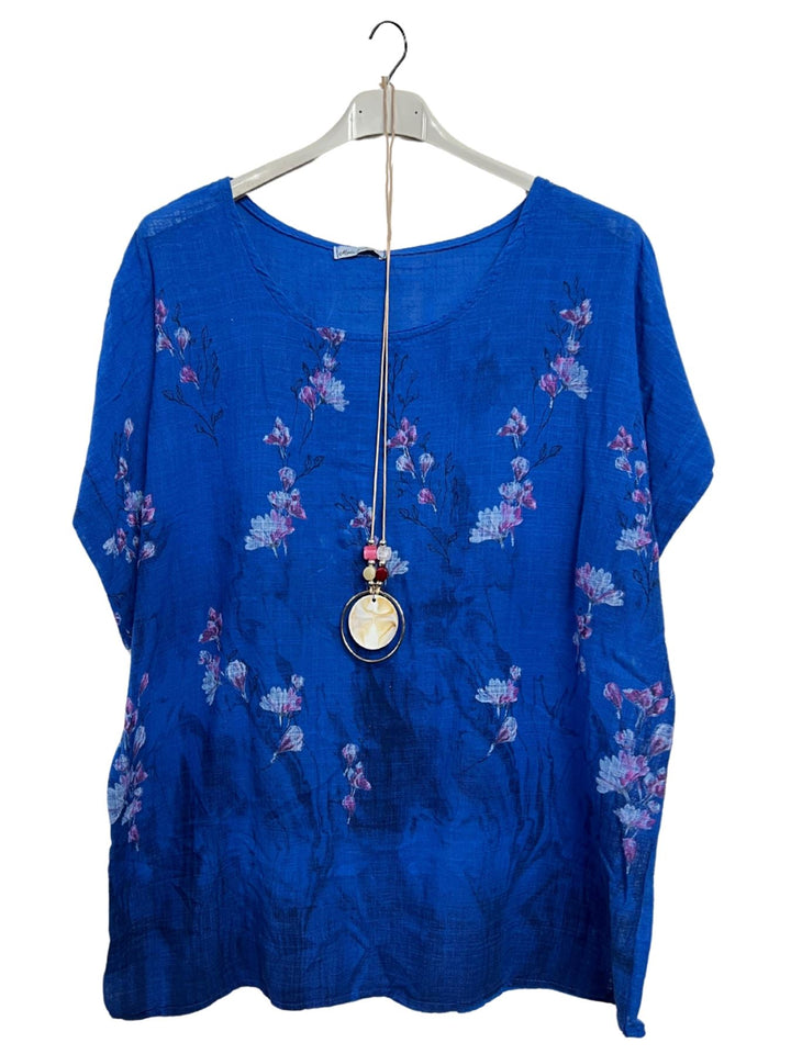 Floral Print Necklace Tunic Cotton Top