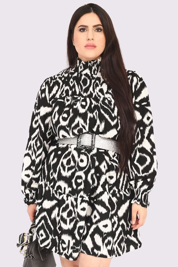 Abstract Print Shirred Cuff Neck Dress