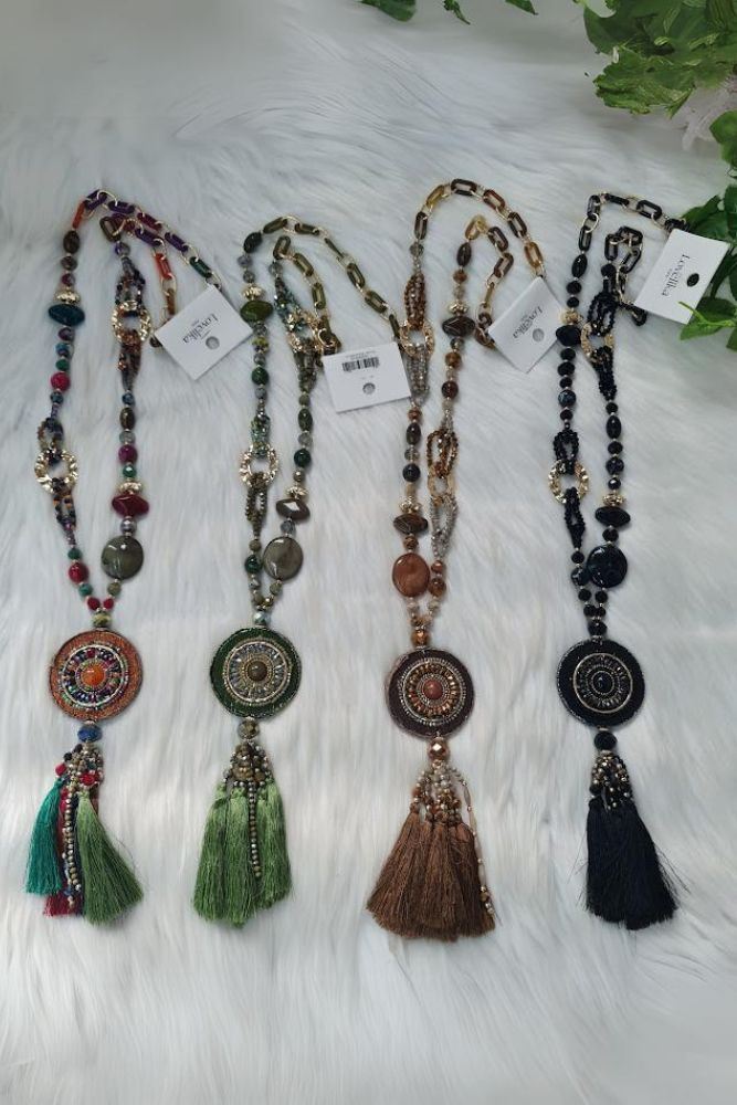 Beaded Disc Tassel Necklace