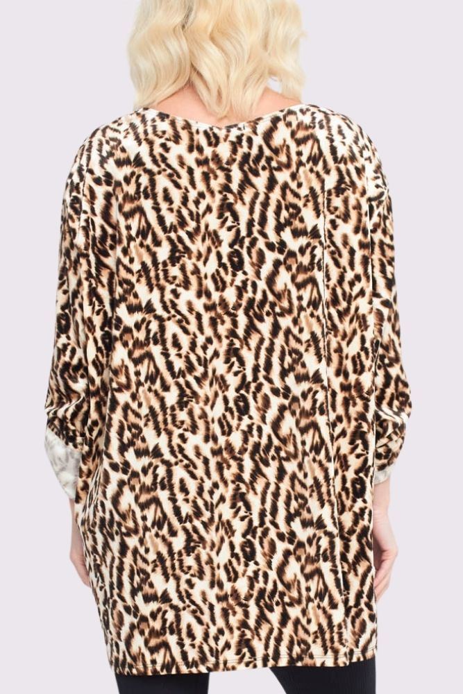 Animal Print Button Up Sleeve Dip Hem Top