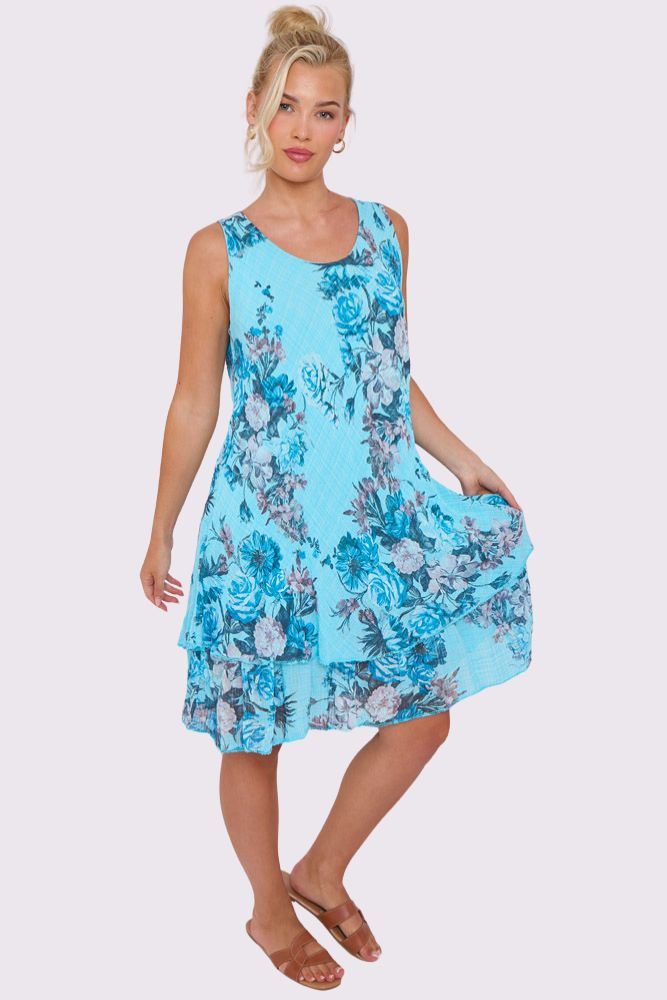 Rose Flower Print Layered Hem Cotton Dress