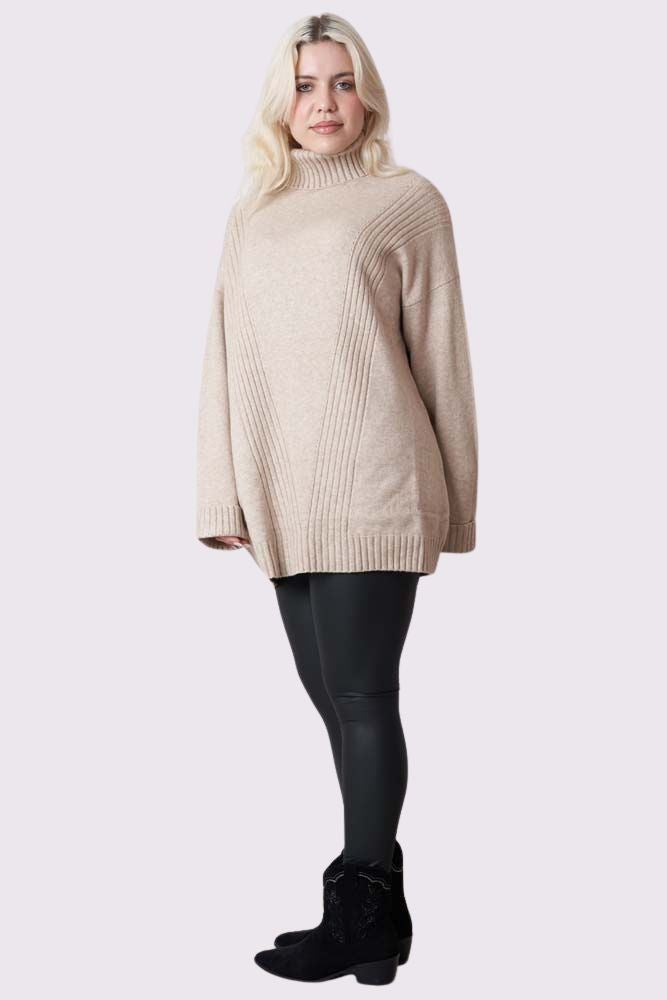 Ribbed Pattern Cowl Neck Tunic Jumper