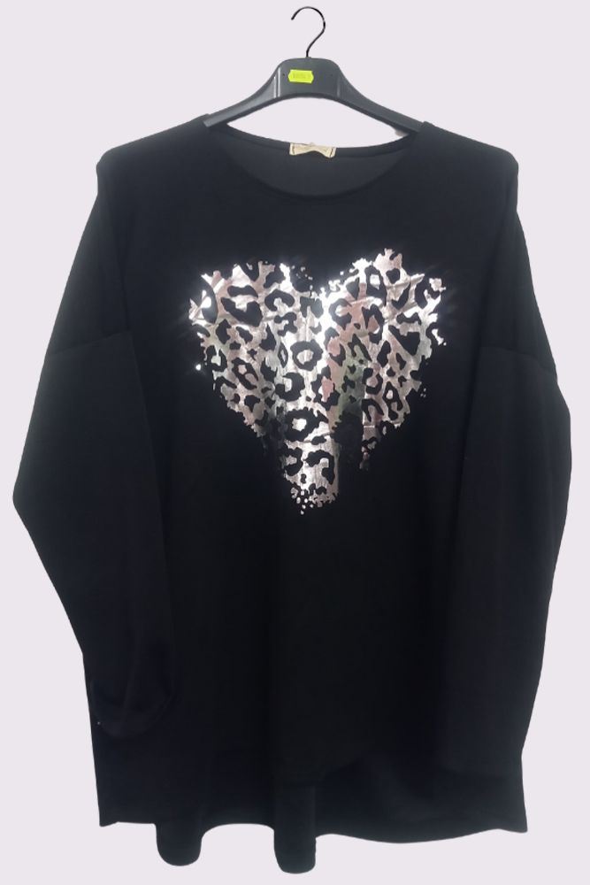 Foil Leopard Heart Print Dipped Hem Top