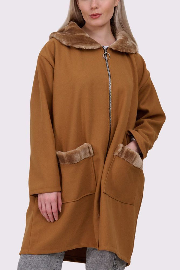 Oversized Faux Fur Collar Trim Pocket Coat