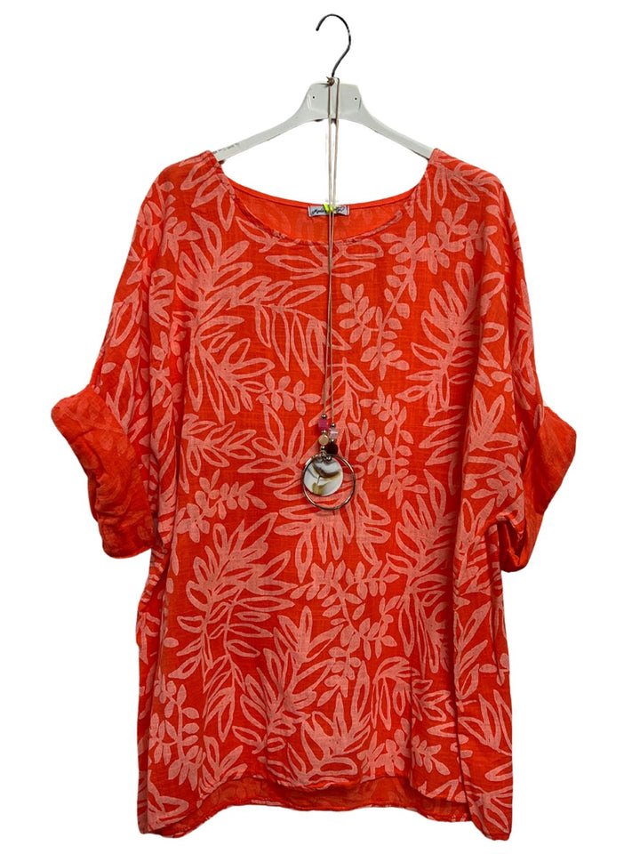 Floral Print Necklace Cotton Tunic Top