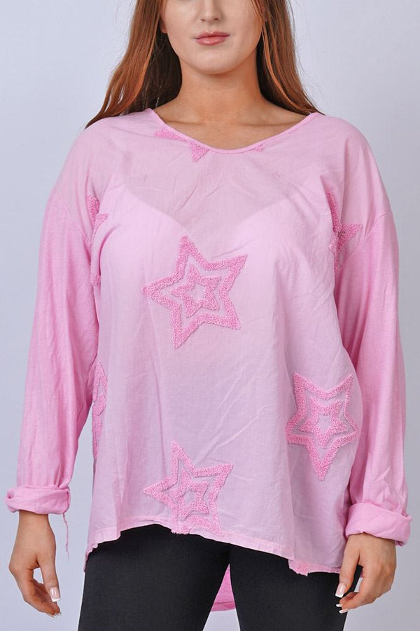 Star Applique Dipped Hem Top