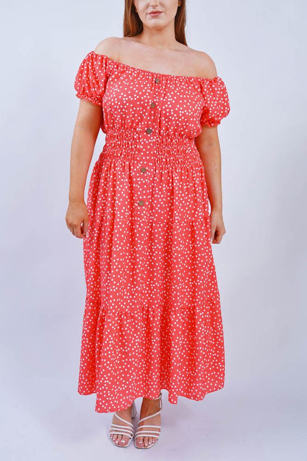 Polka Dot Print Tiered Button Detail Dress