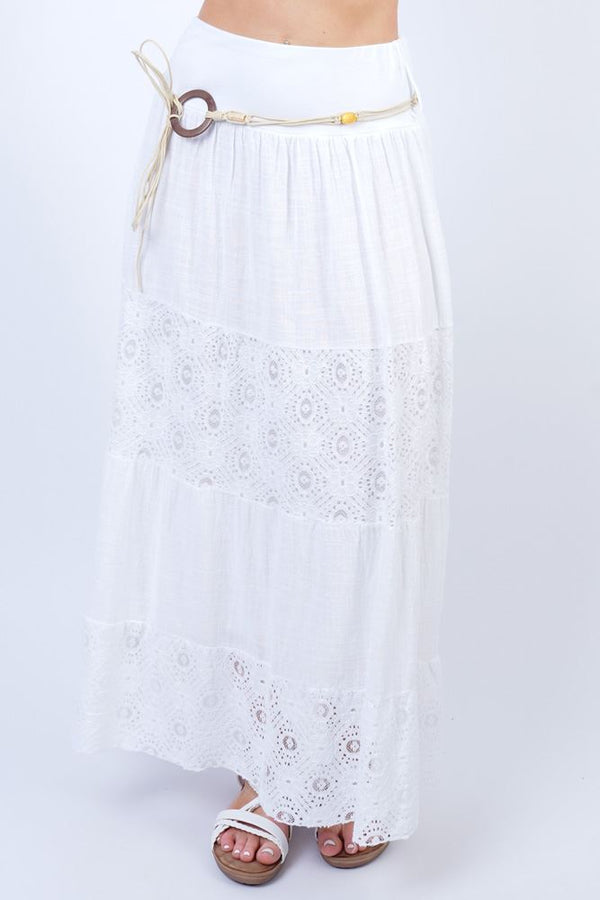 Floral Lace Pattern Drawstring Belt Cotton Skirt