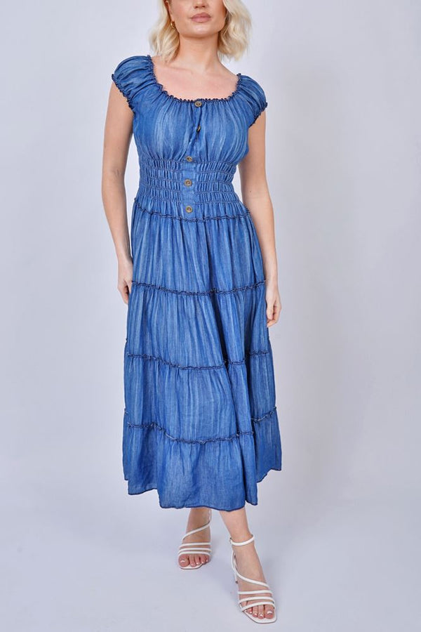 Plain Shirred Waist Tiered Denim Cotton Dress