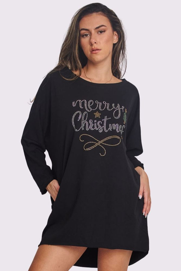 Merry Christmas Rhinestone Details Oversized Side Pockets DipHem Cotton Top