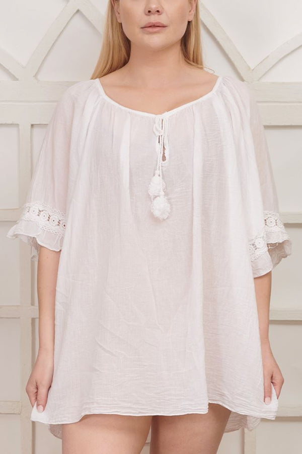 Plain Lace Sleeve Cotton Top