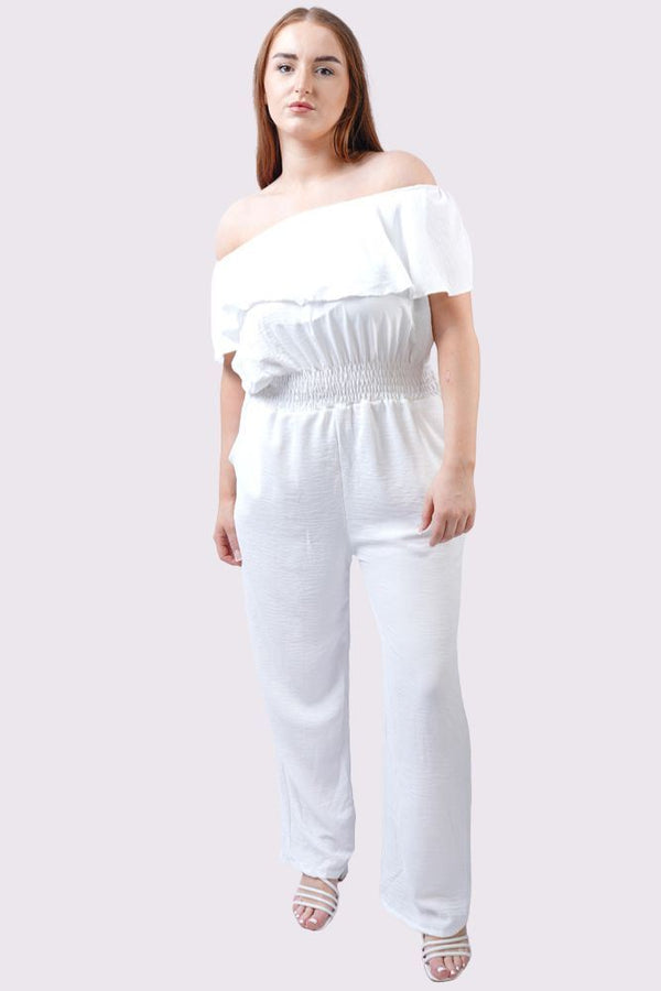 Plain Ruffle Trim Shirred Waist Jumpsuit