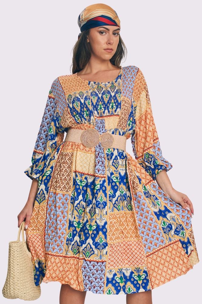 Geometric Print Shirred Dress