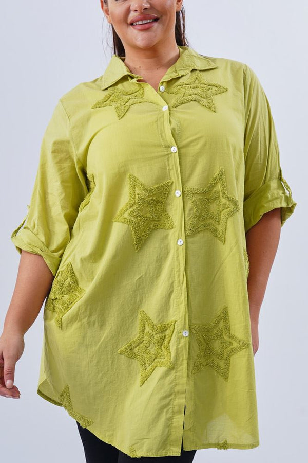 Star Applique Button Up Pockets Cotton Shirt