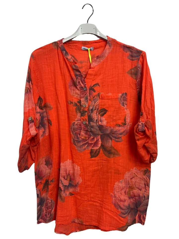 Floral Print Single Chest Pocket Tunic Cotton Top