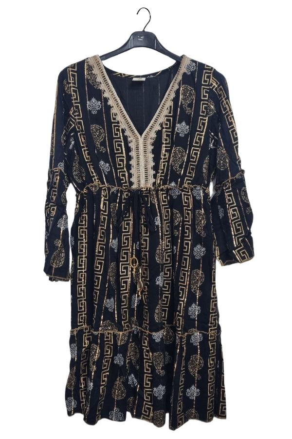 Greek key Ornate Paisley Pattern Flowy A Cinched Waist Dress