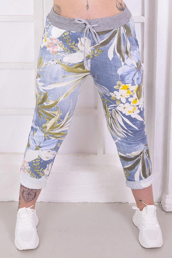 Cotton Tropical Floral Print Drawstring Trousers