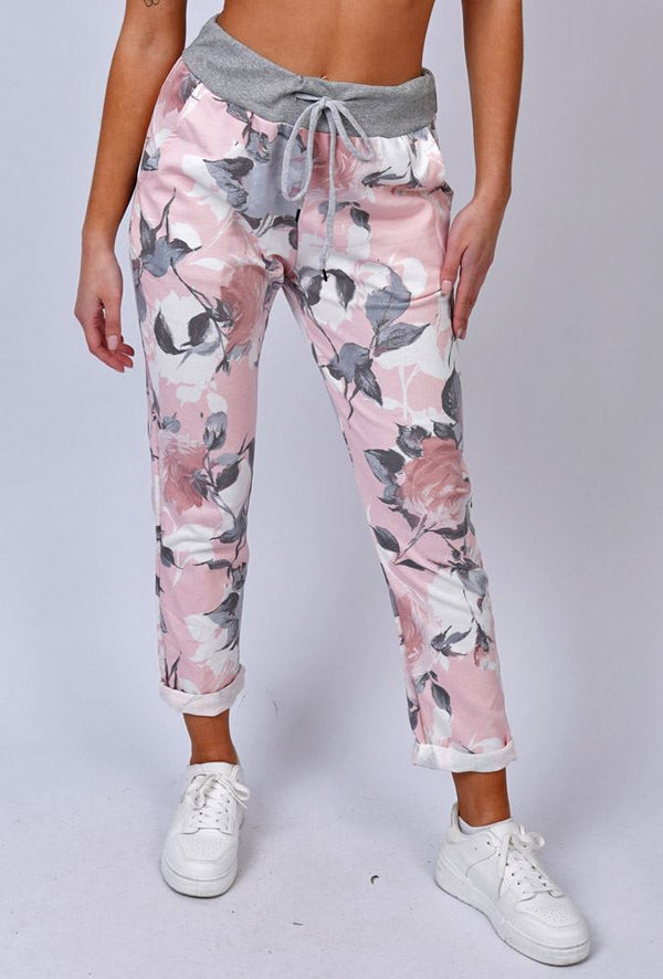 Floral Print Drawstring Cotton Trousers