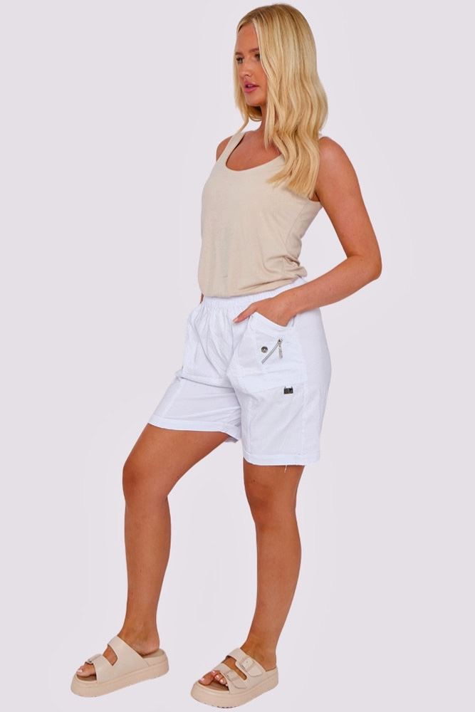 Plain Front Button Detail Zip Pockets Cotton Shorts