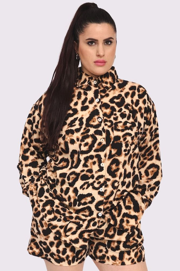 Leopard Print Button Up Shirt Elastic Waist Co-Ord Set