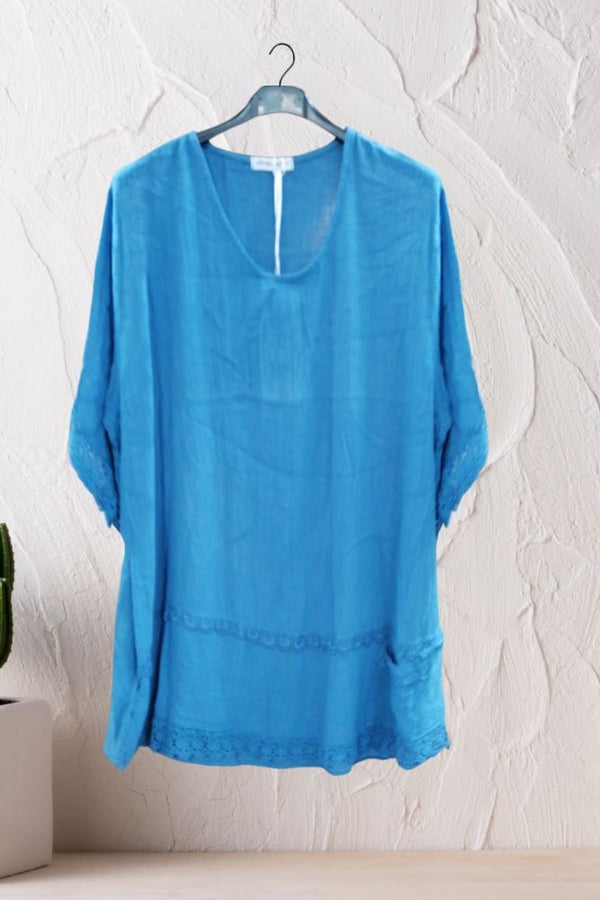 Plain Lace Hem Pocket Linen Top