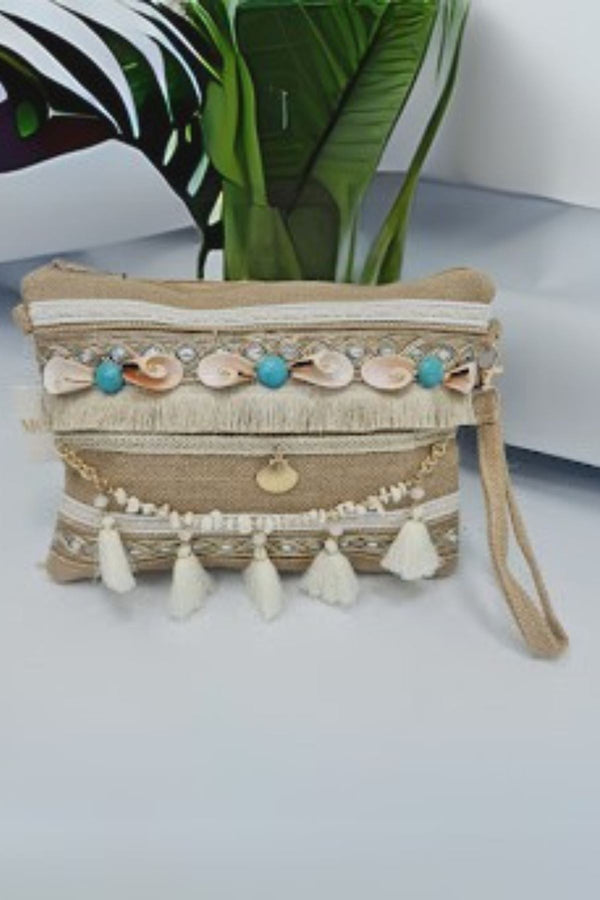 Embellished Shell & Tassel Clutch Bag