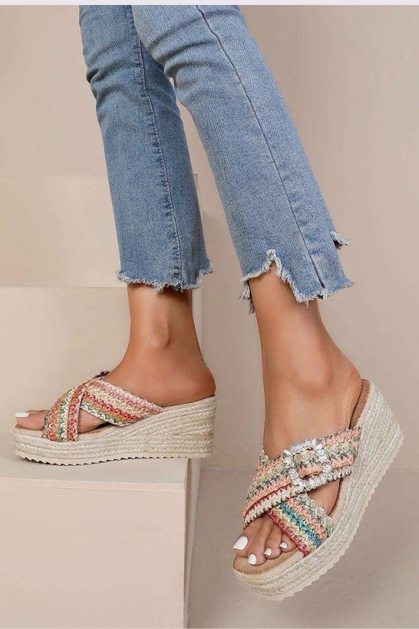 Embroidered cross buckle wedge Slipper