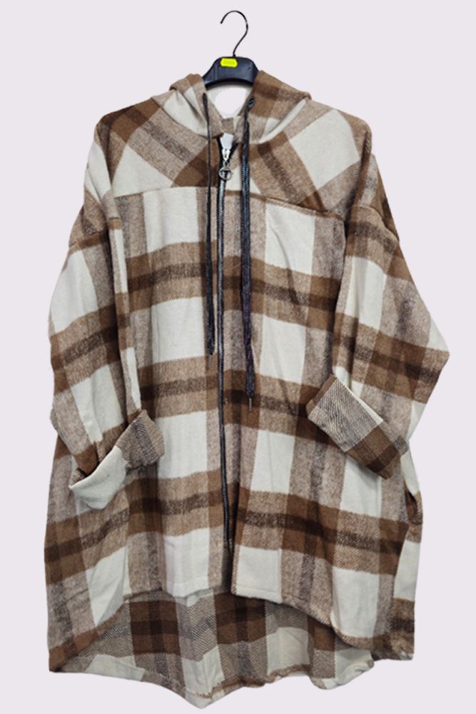 Check Print Zipped Cotton Hooded Jacket