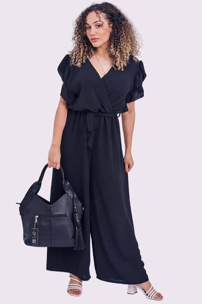 Plain Ruffle Sleeve Wrapover Belted Jumpsuit