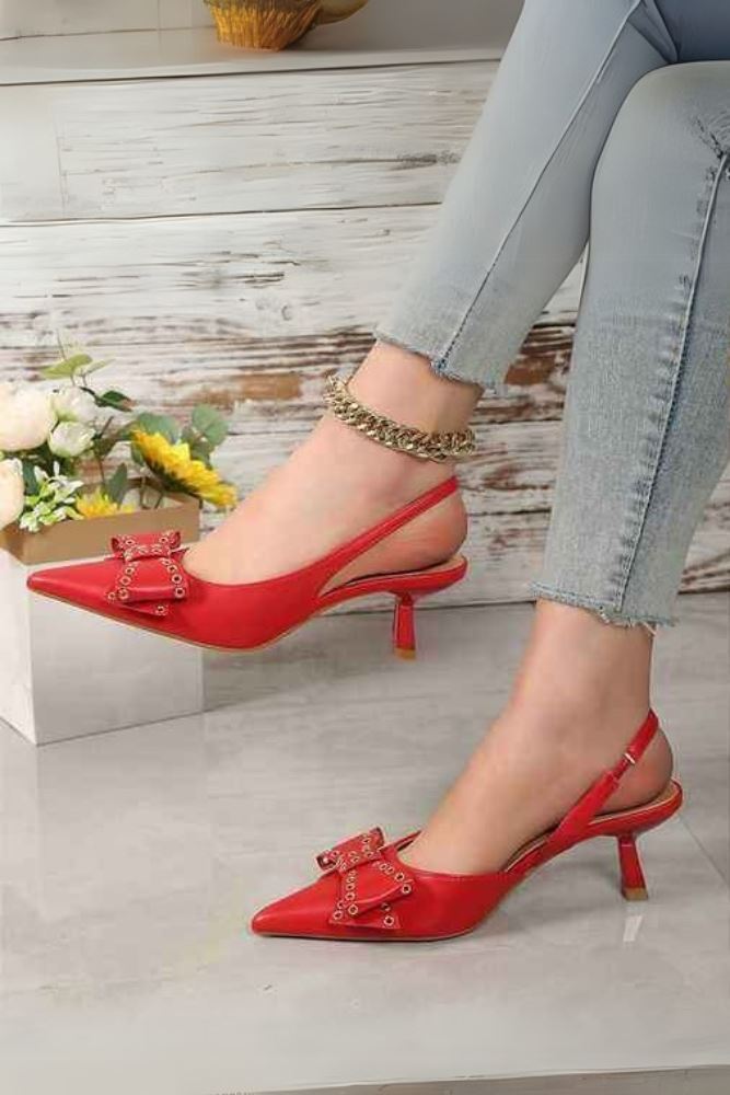  Red Bow Detail Pointed Toe Pencil Heel Sandal