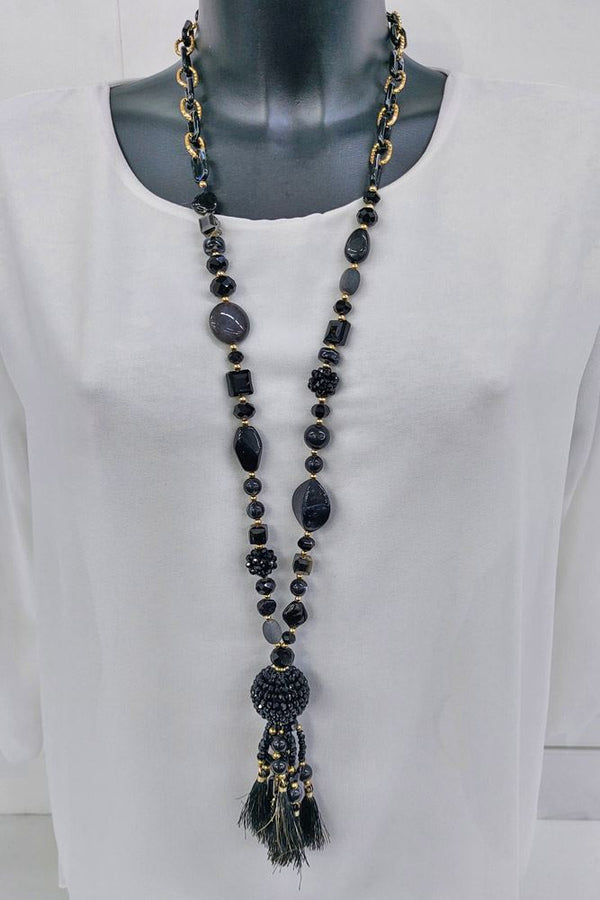 Multi Seed Stone bead Tassel Necklace