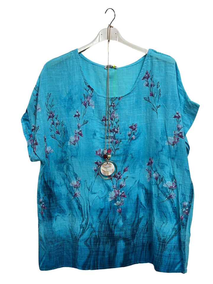 Floral Print Necklace Tunic Cotton Top