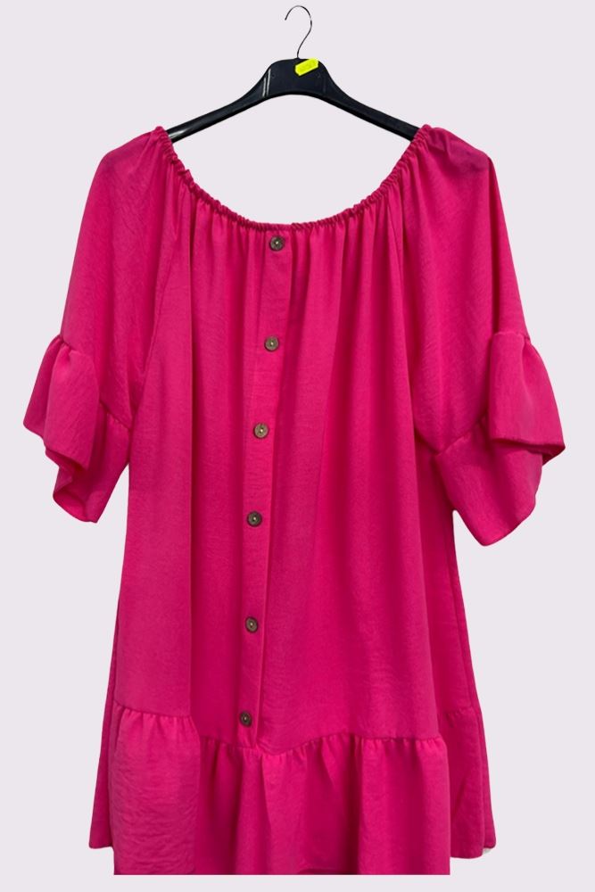 Pink Plain Button Details Ruffle Hem Top