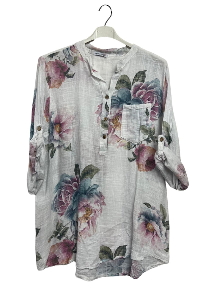 Floral Print Single Chest Pocket Tunic Cotton Top